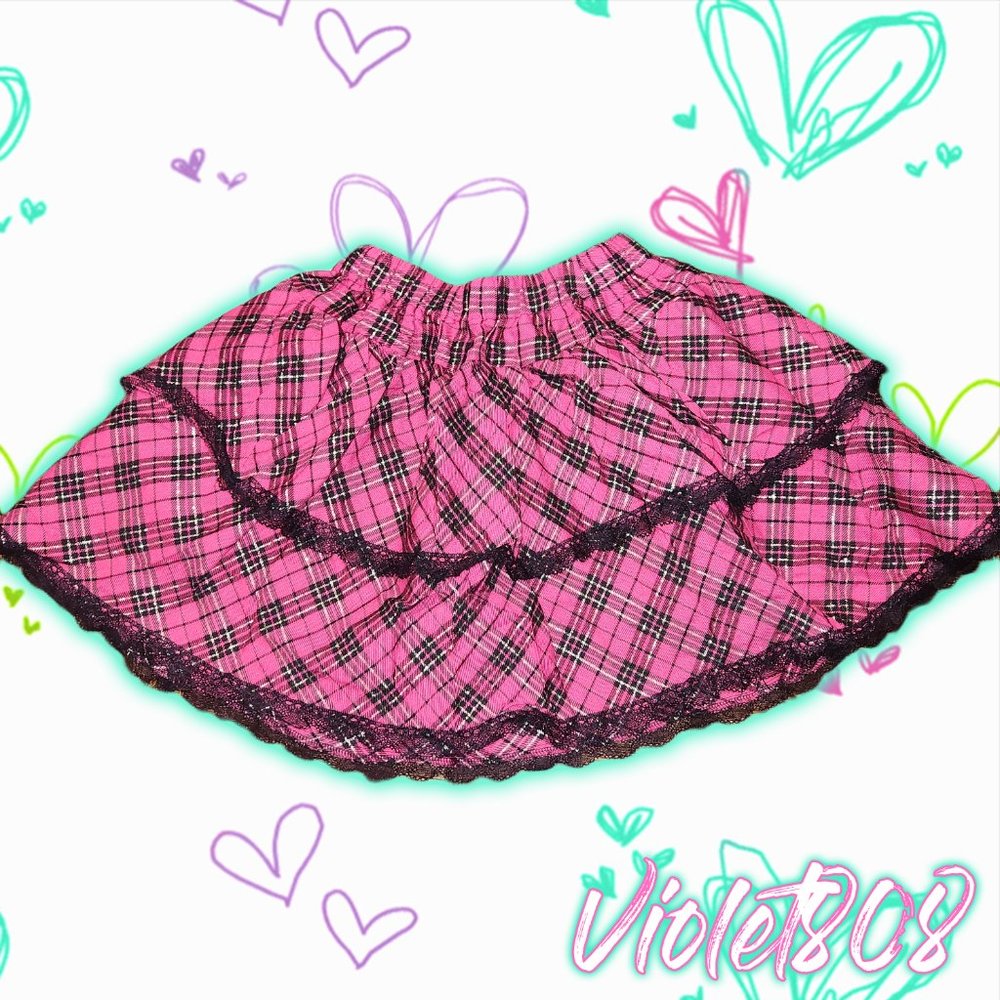 [L] Pink/Black Plaid/Tartan Lace Ruffle Mini Skirt w Gold Accents